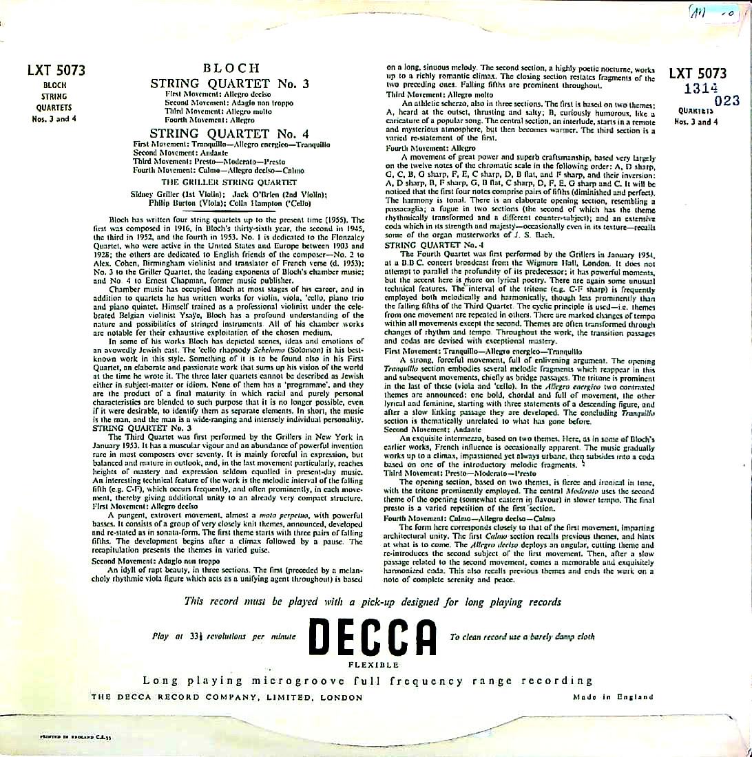 ETERNA TRADING / [DECCA] グリラーQt. / ブロッホ:弦楽四重奏曲全集-3/3番(1952)